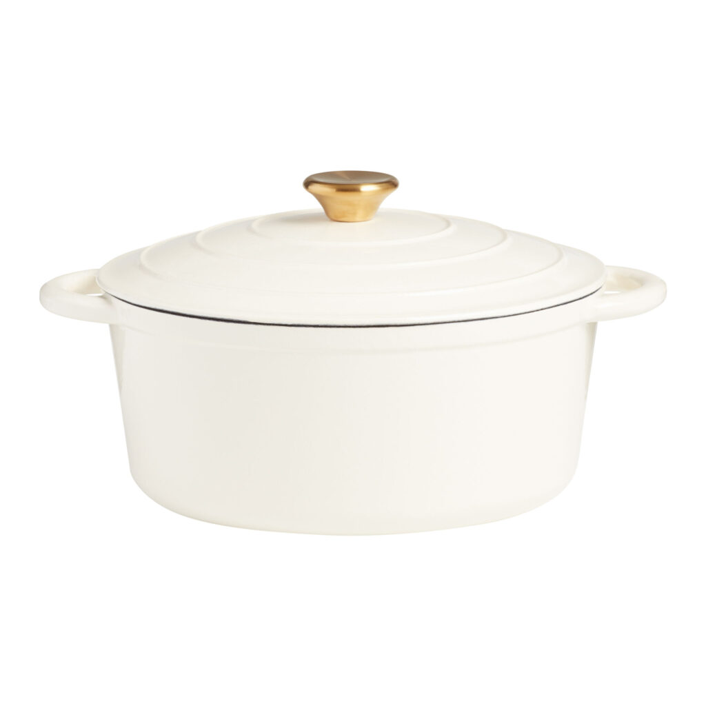 white and gold ceramic dutch oven